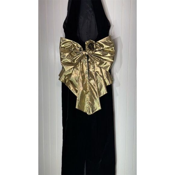 Vintage Jessica McClintock Black Velvet Gold Bow Halter Gown Size 10 USA Made - Picture 4 of 12